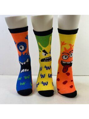 Unisex Crew Socks Set 3 Monster-Themed Orange Yellow Blue Black White